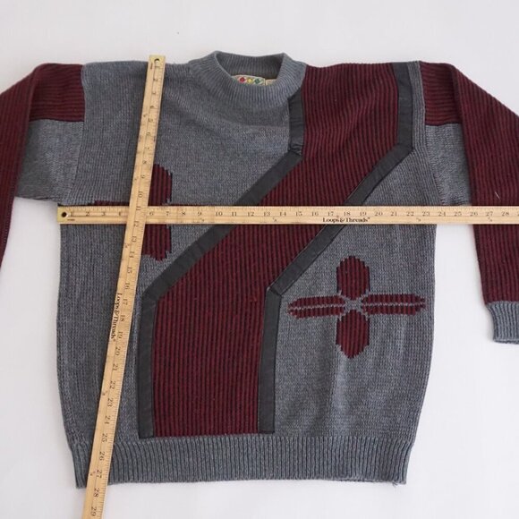 Vtg '80s Pacific Coast Gray Maroon Biggie Cosby Eclectic Knit Crewneck Sweater L - Picture 3 of 9